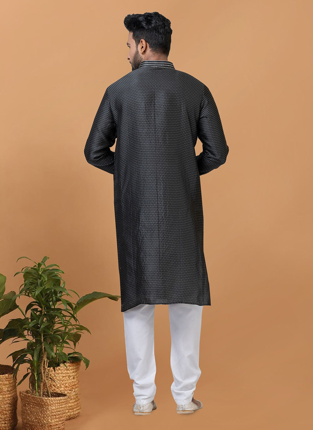 Fancy Work Silk Black Kurta Pyjama - M6377