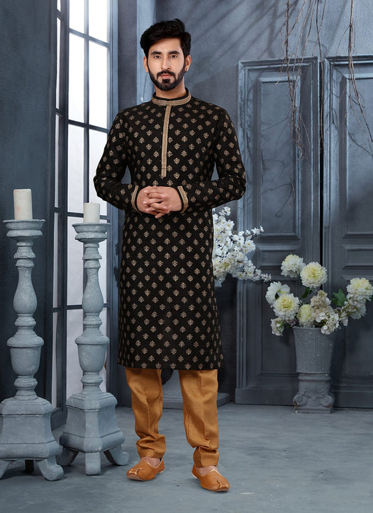 Digital Print Silk Black Kurta Pyjama - M3029