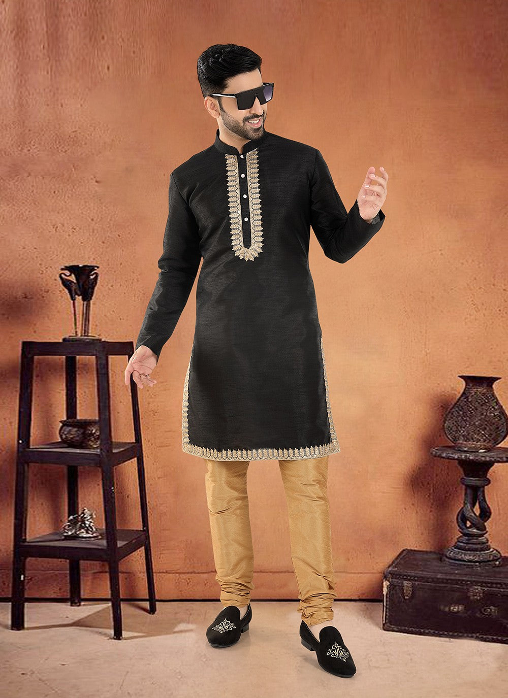 Lace Silk Black Kurta Pyjama - M8110