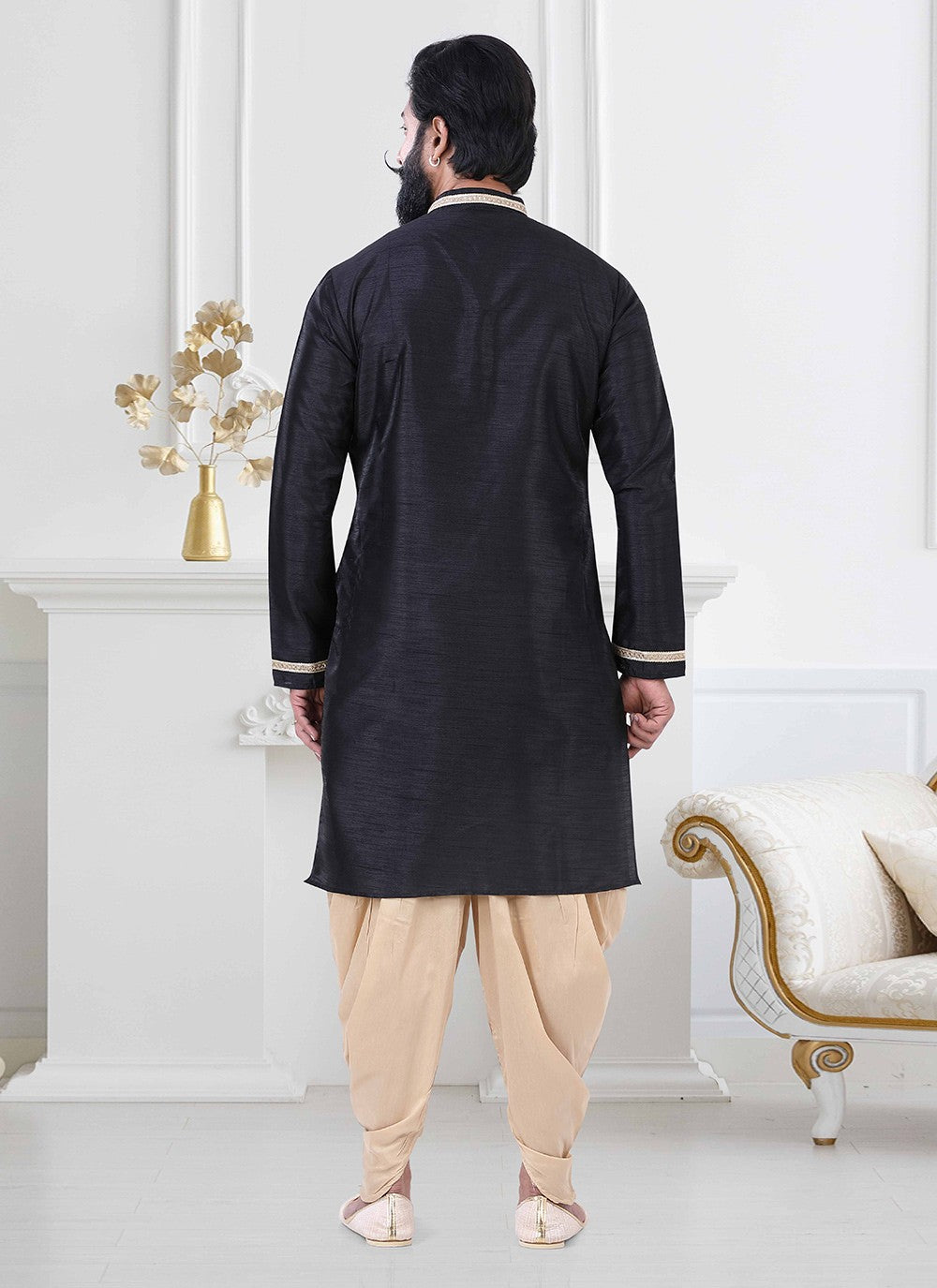 Plain Silk Black Dhoti Kurta - M4178