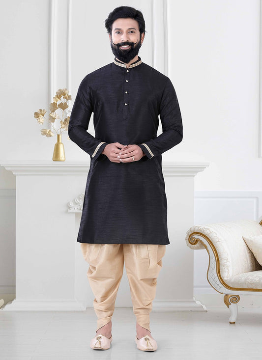 Plain Silk Black Dhoti Kurta - M4178