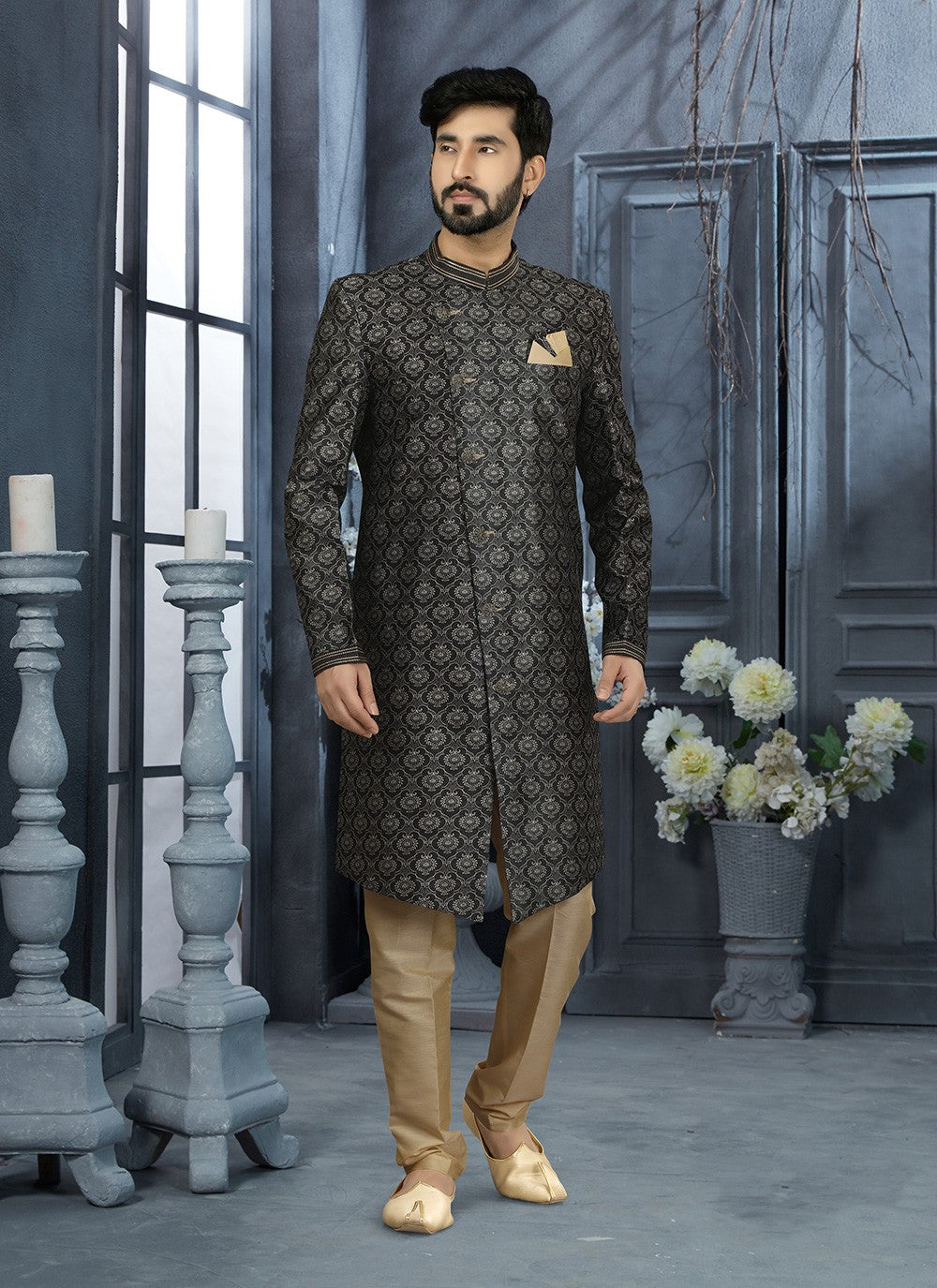 Digital Print Jacquard Black Indo Western Sherwani - M2887