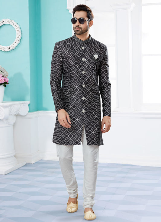 Digital Print Jacquard Black Indo Western Sherwani - M3914