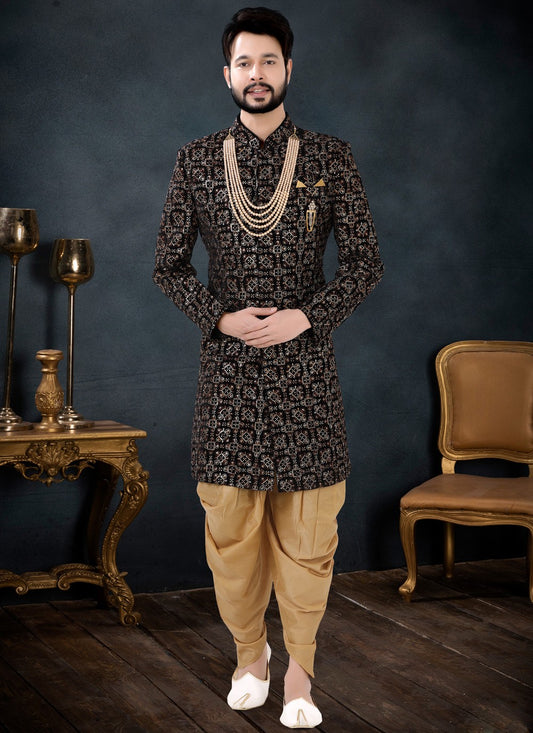 Embroidered Velvet Black Indo Western Sherwani - M4457