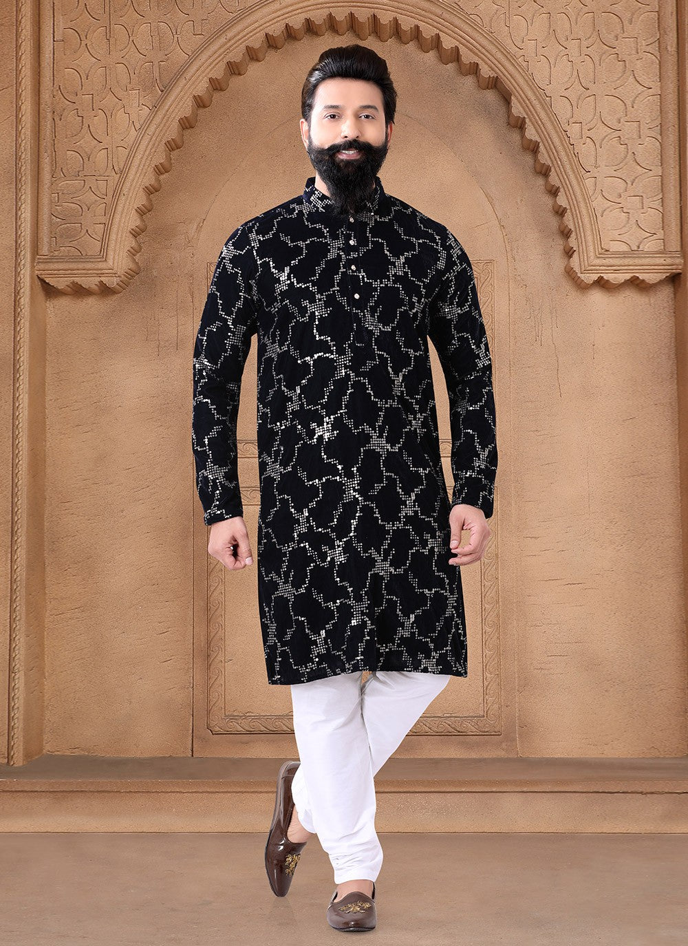 Embroidered Velvet Black Kurta Pyjama - M7607