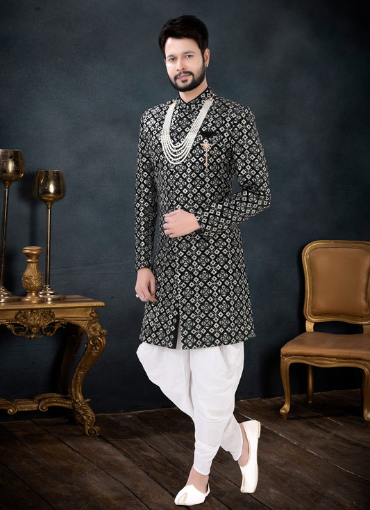 Embroidered Velvet Black Indo Western Sherwani - M4454