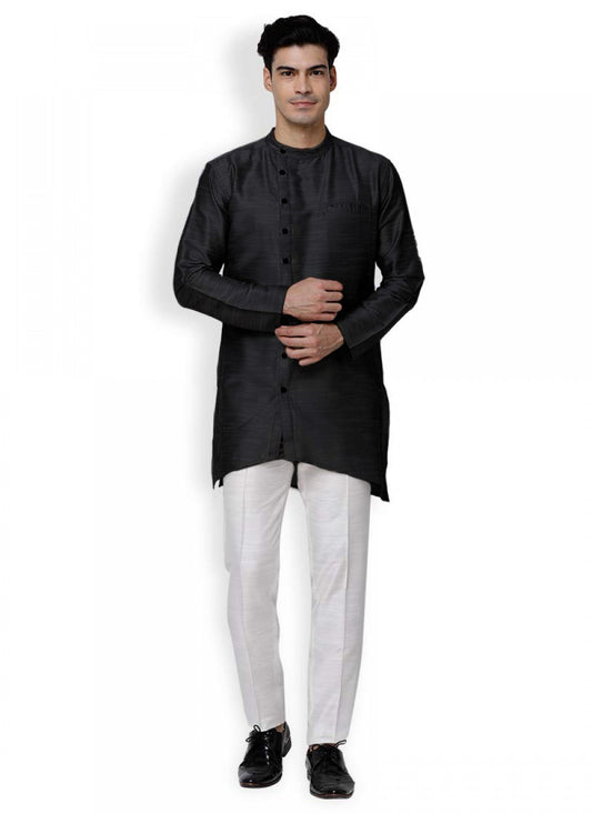 Plain Art Dupion Silk Black Kurta Pyjama - M1231