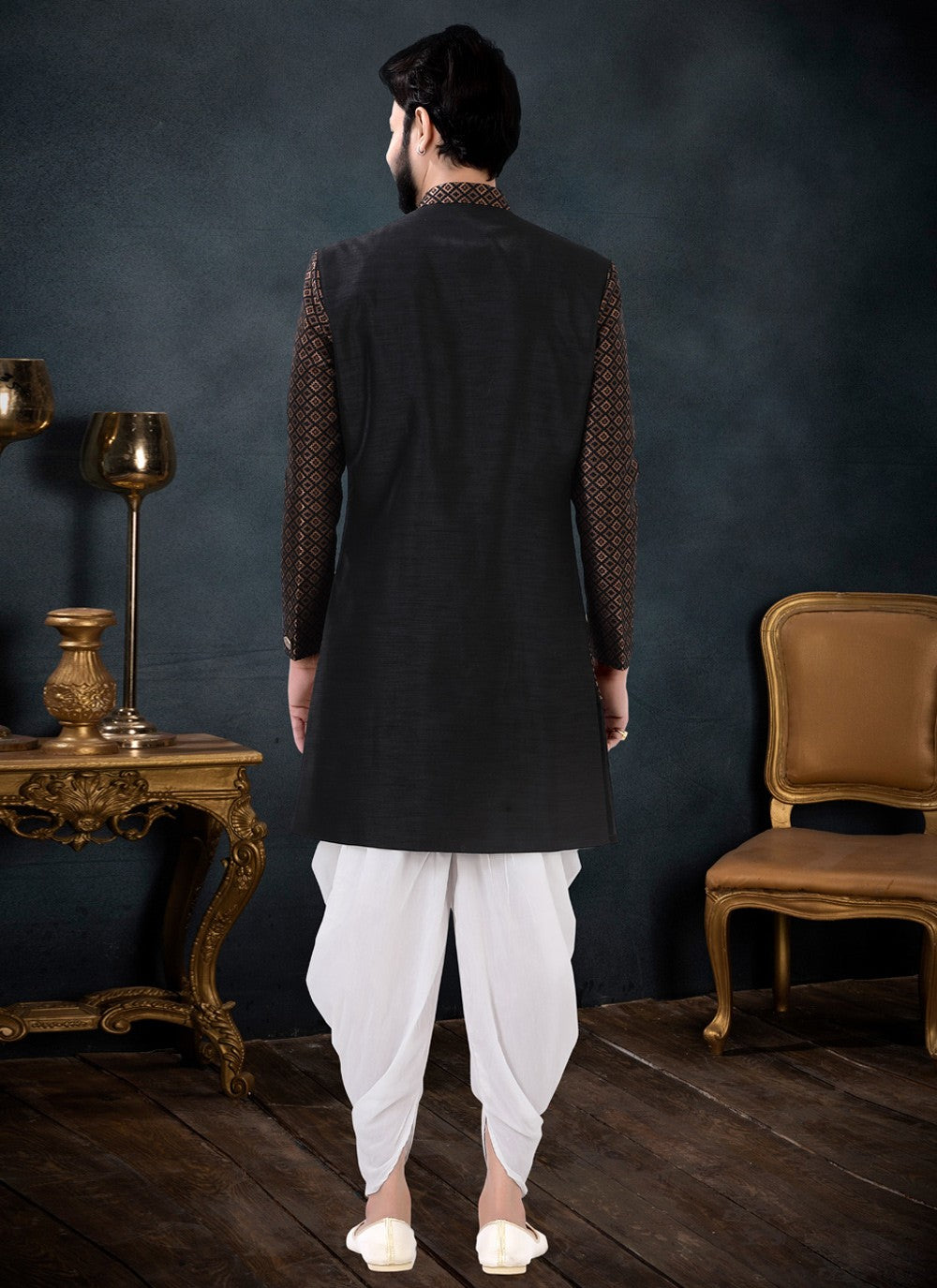 Woven Jacquard, Silk Black Indo Western Sherwani - M4442