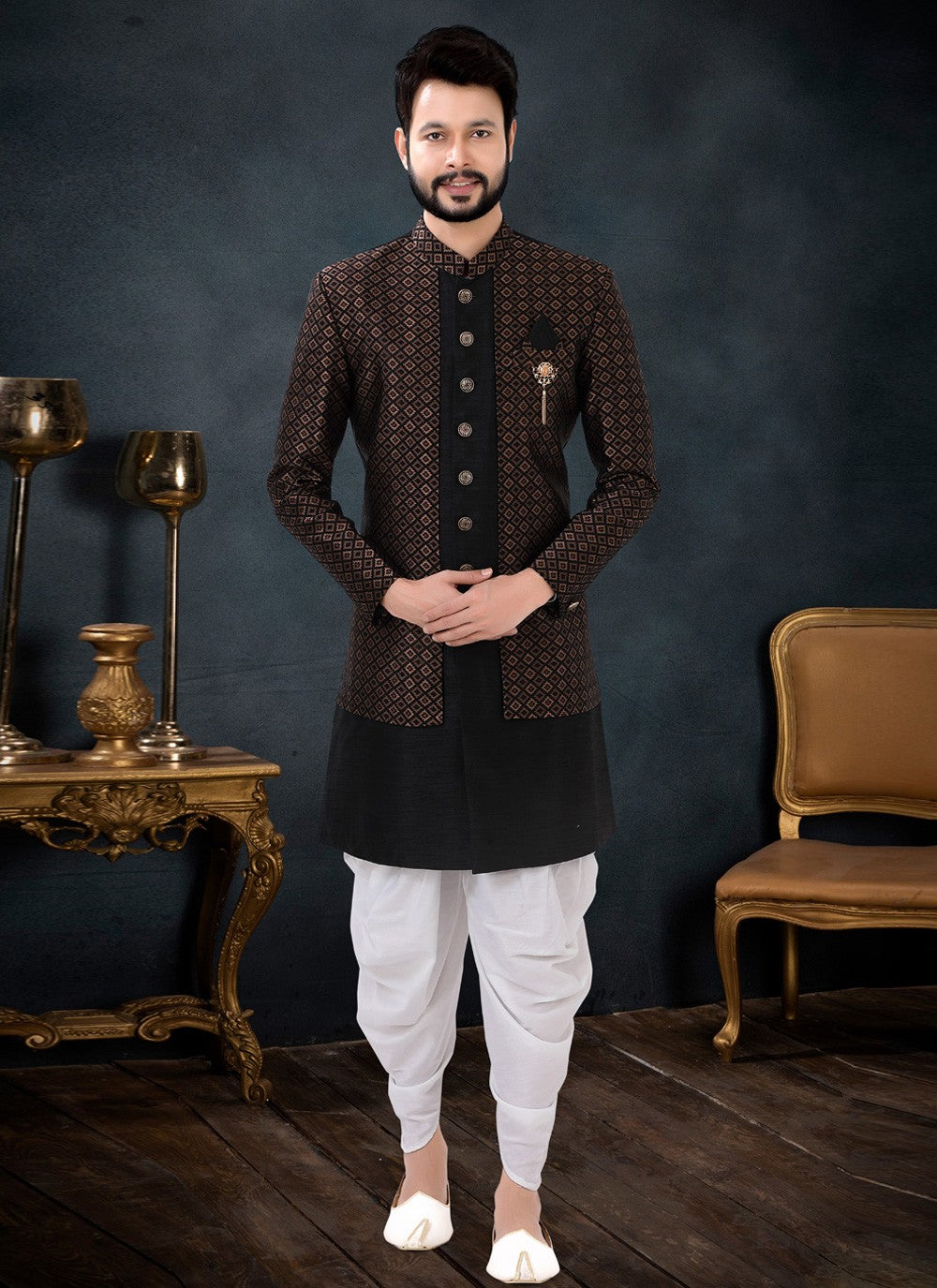 Woven Jacquard, Silk Black Indo Western Sherwani - M4442