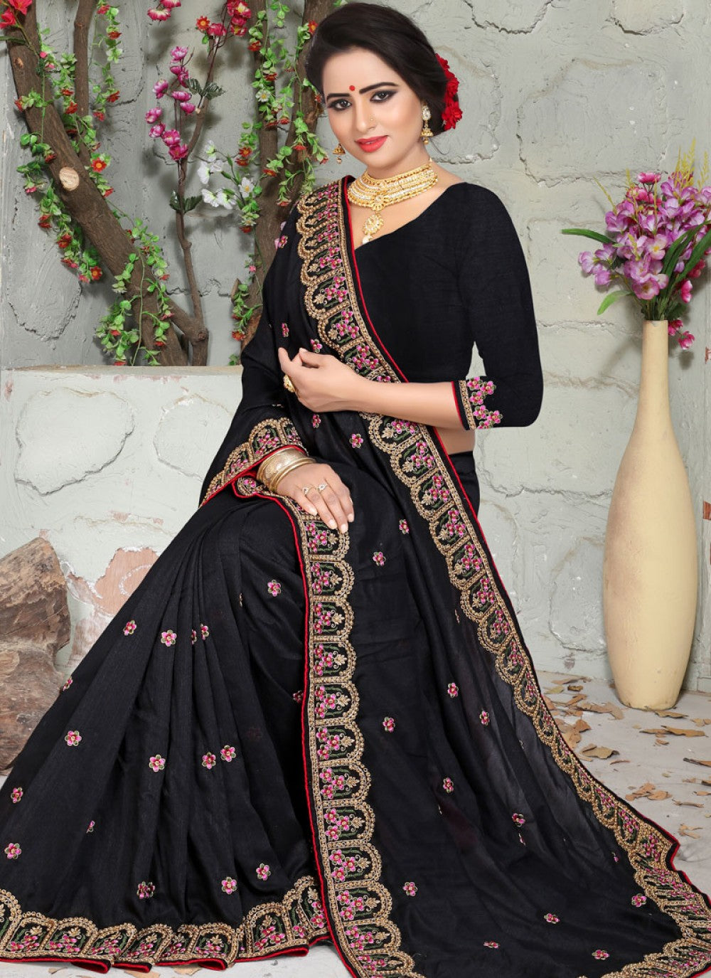 Traditional Embroidered Art Silk Saree - S0018