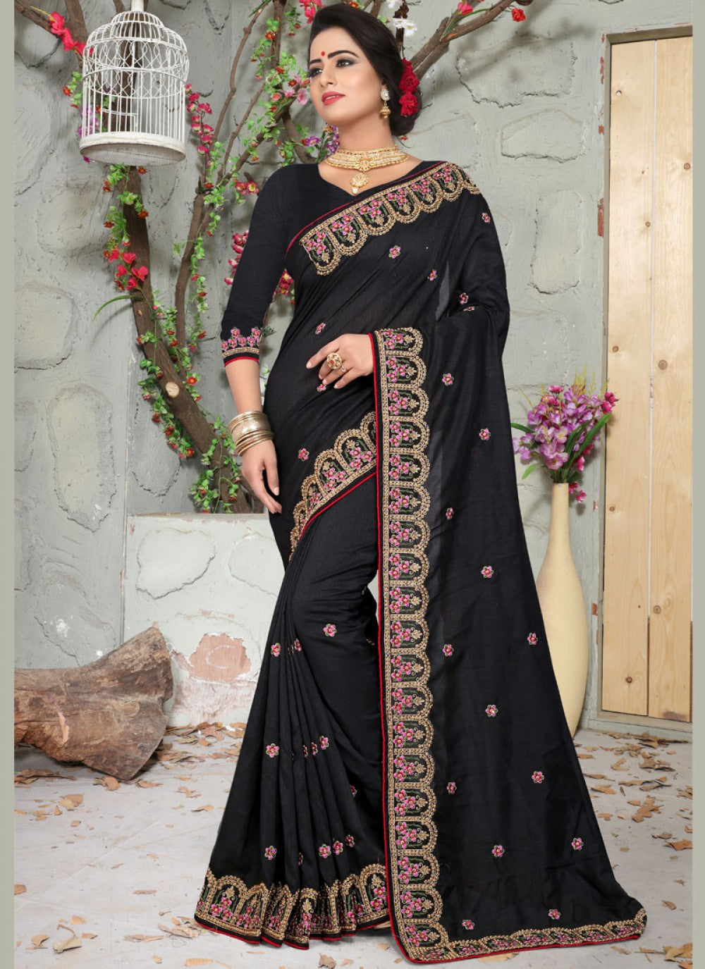 Traditional Embroidered Art Silk Saree - S0018