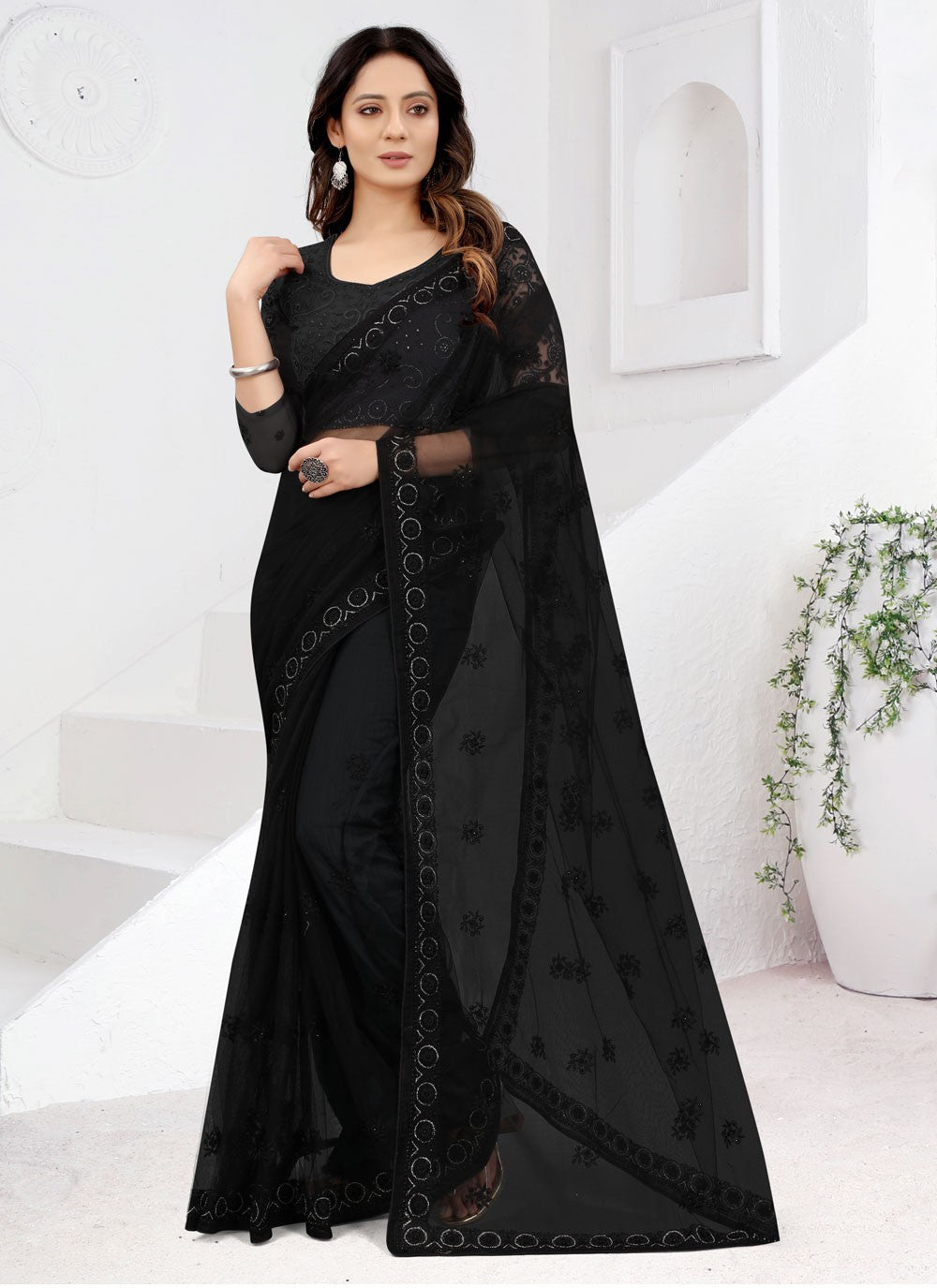 Classic Embroidered Net Saree - S3728