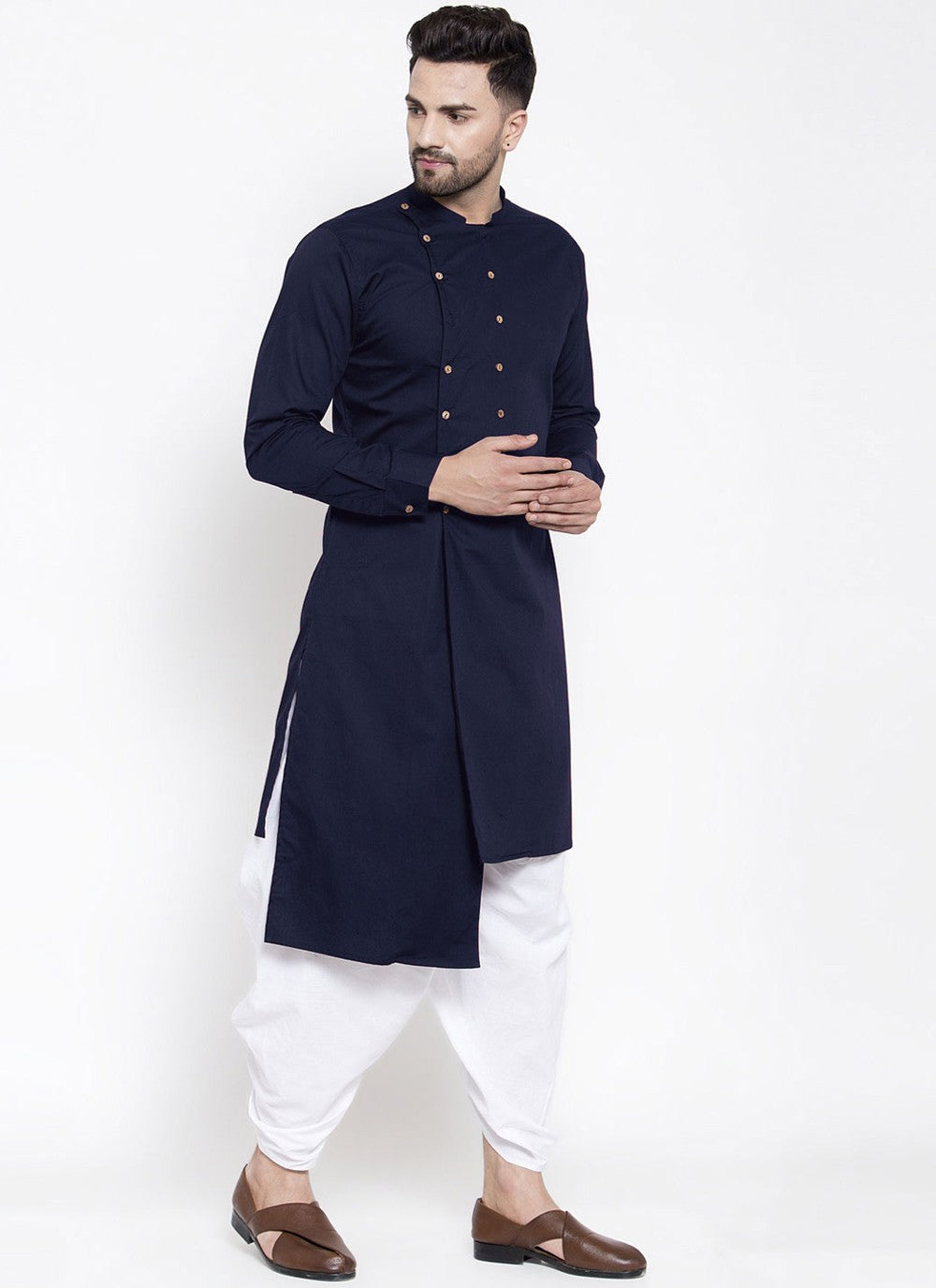 Buttons Blended Cotton Navy Blue Indo Western - M4516