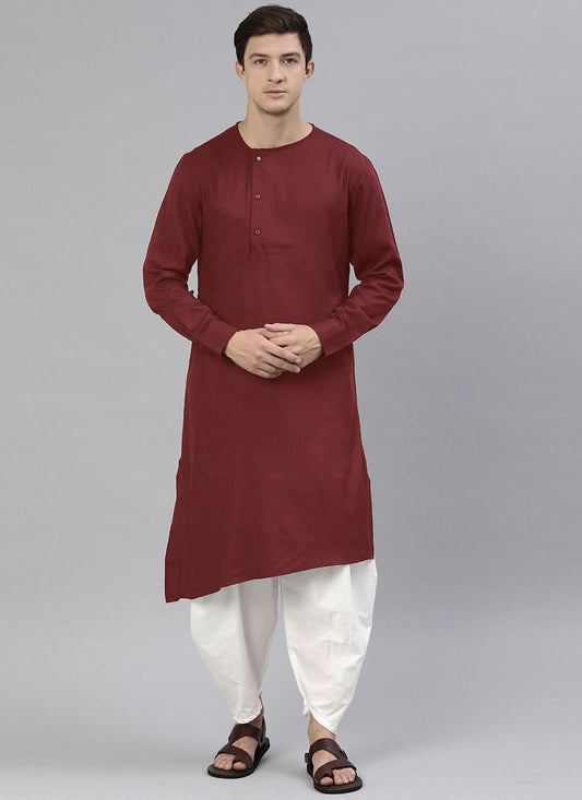 Plain Blended Cotton Maroon Dhoti Kurta - M4497