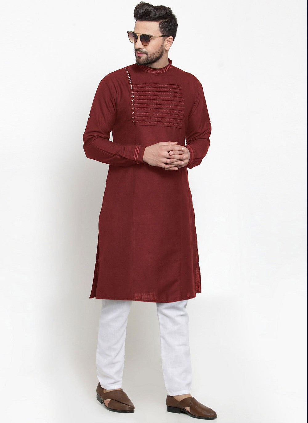 Embroidered Blended Cotton Maroon Kurta Pyjama - M4504