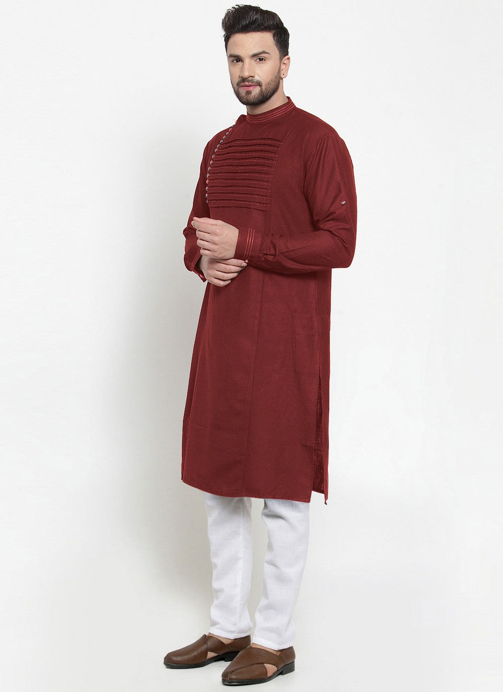 Embroidered Blended Cotton Maroon Kurta Pyjama - M4504