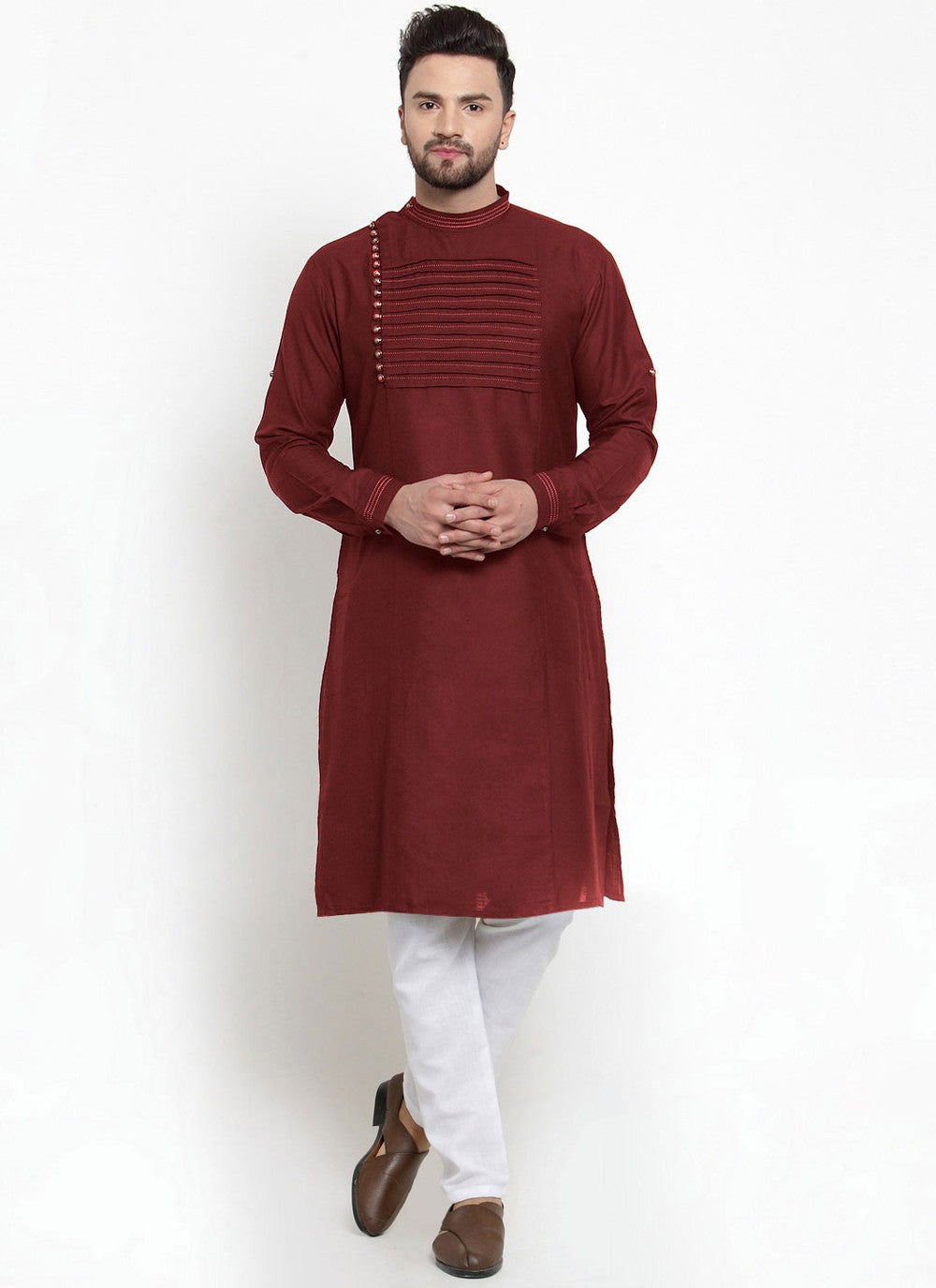 Embroidered Blended Cotton Maroon Kurta Pyjama - M4504