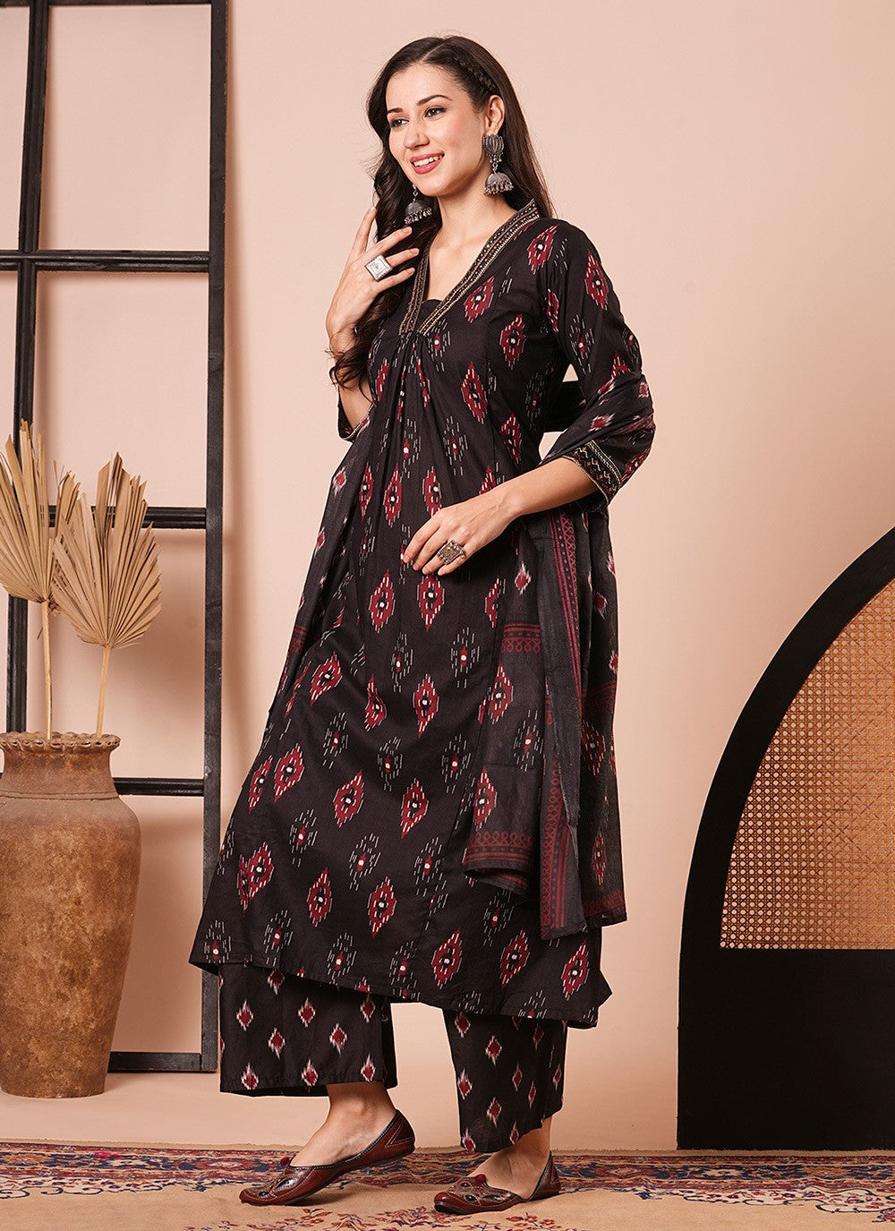 Embroidered Blended Cotton Palazzo Suit - T4471