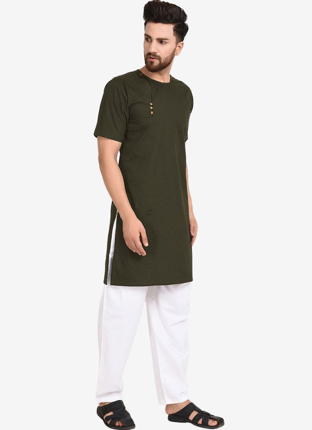 Plain Blended Cotton Green Kurta Pyjama - M4478