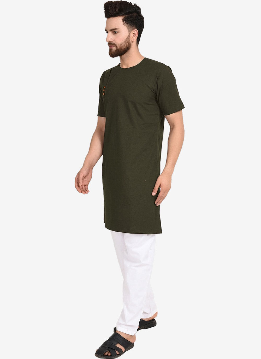 Plain Blended Cotton Green Kurta Pyjama - M4478