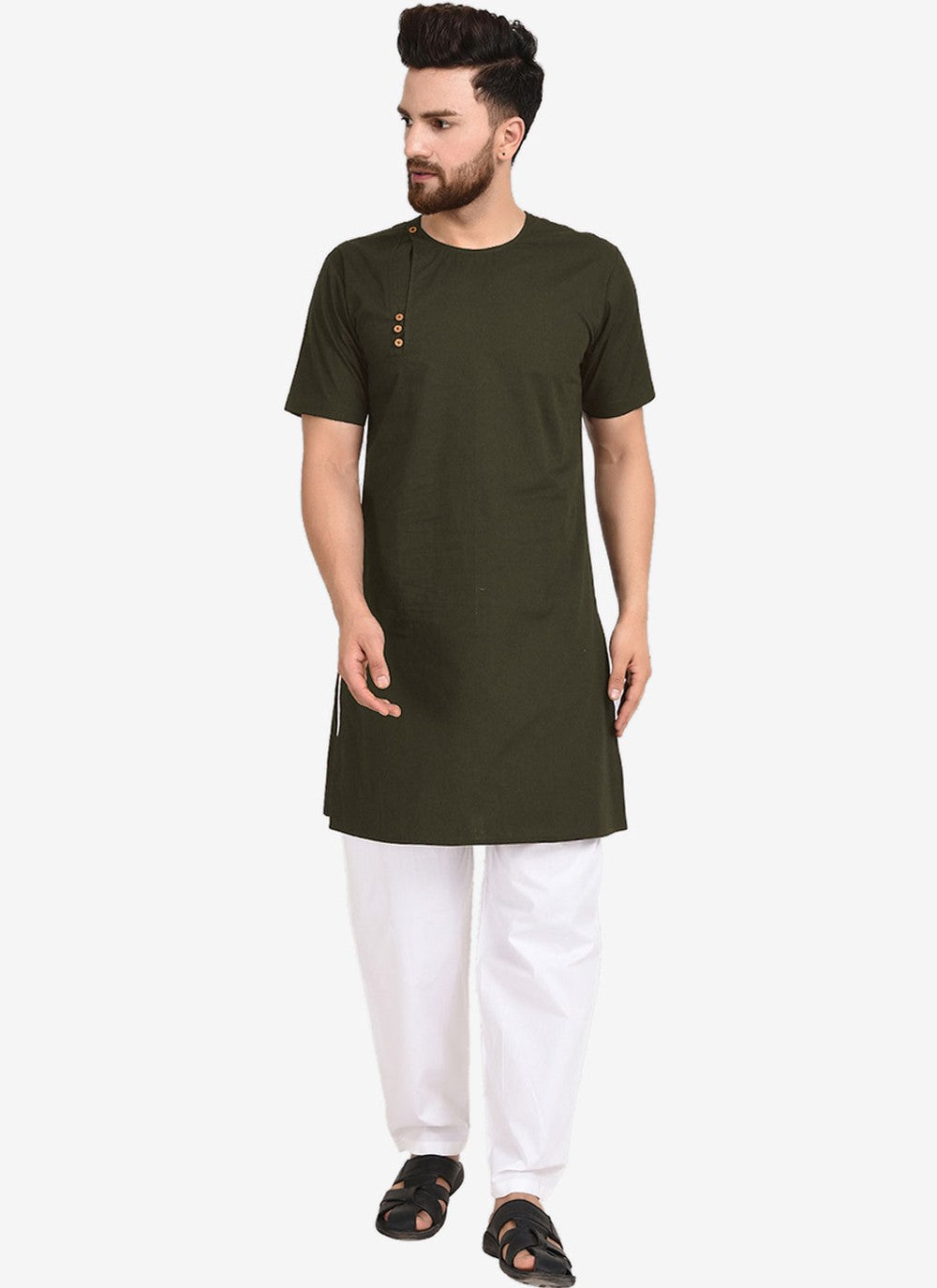 Plain Blended Cotton Green Kurta Pyjama - M4478