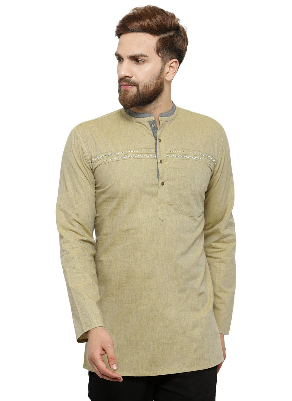 Plain Blended Cotton Khaki Short Kurta - M4400