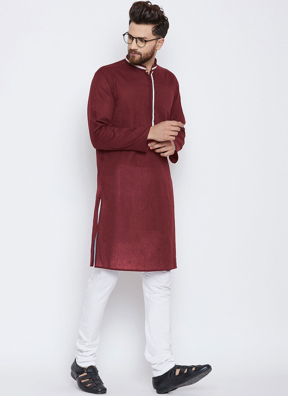 Plain Blended Cotton Maroon Kurta Pyjama - M4490