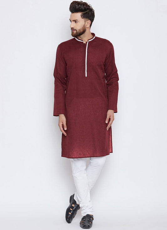 Plain Blended Cotton Maroon Kurta Pyjama - M4490