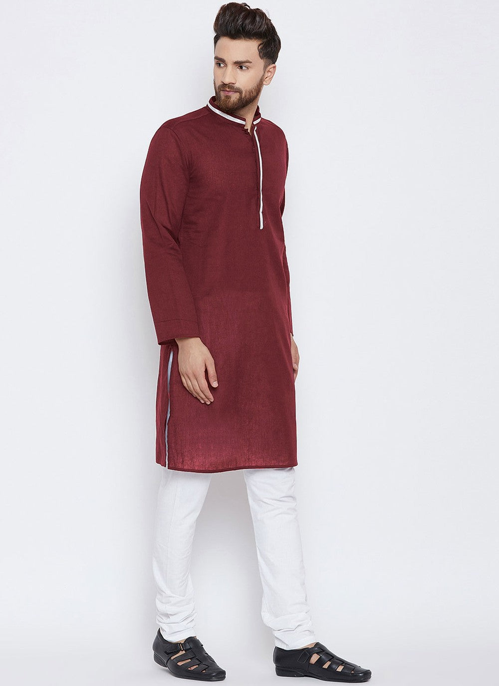 Plain Blended Cotton Maroon Kurta Pyjama - M4490