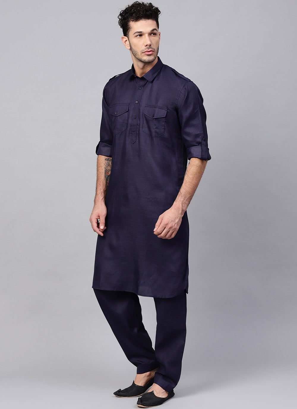 Plain Blended Cotton Navy Blue Kurta Pyjama - M1978