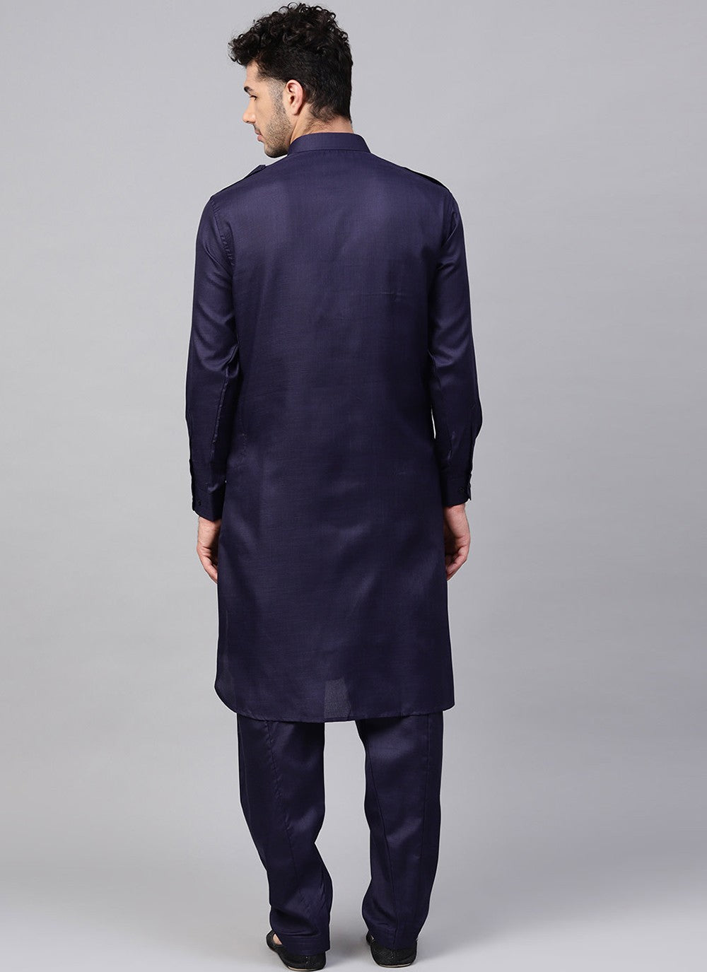 Plain Blended Cotton Navy Blue Kurta Pyjama - M1978