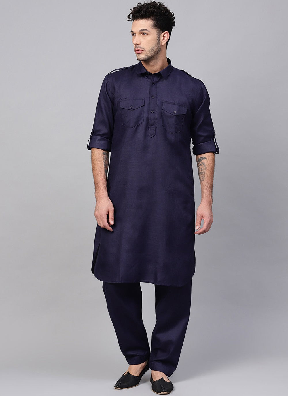 Plain Blended Cotton Navy Blue Kurta Pyjama - M1978