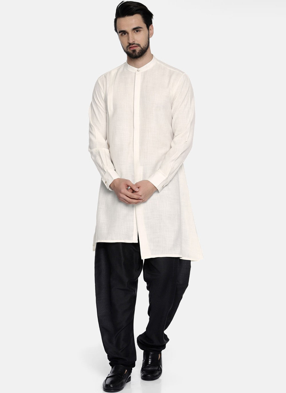 Plain Blended Cotton Off White Kurta Pyjama - M6174