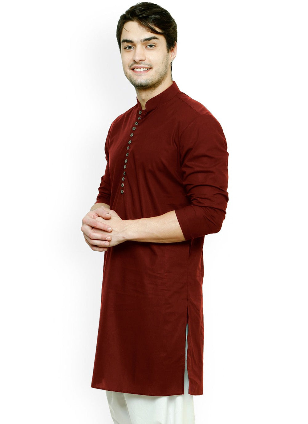 Buttons Blended Cotton Maroon Kurta Pyjama - M4506