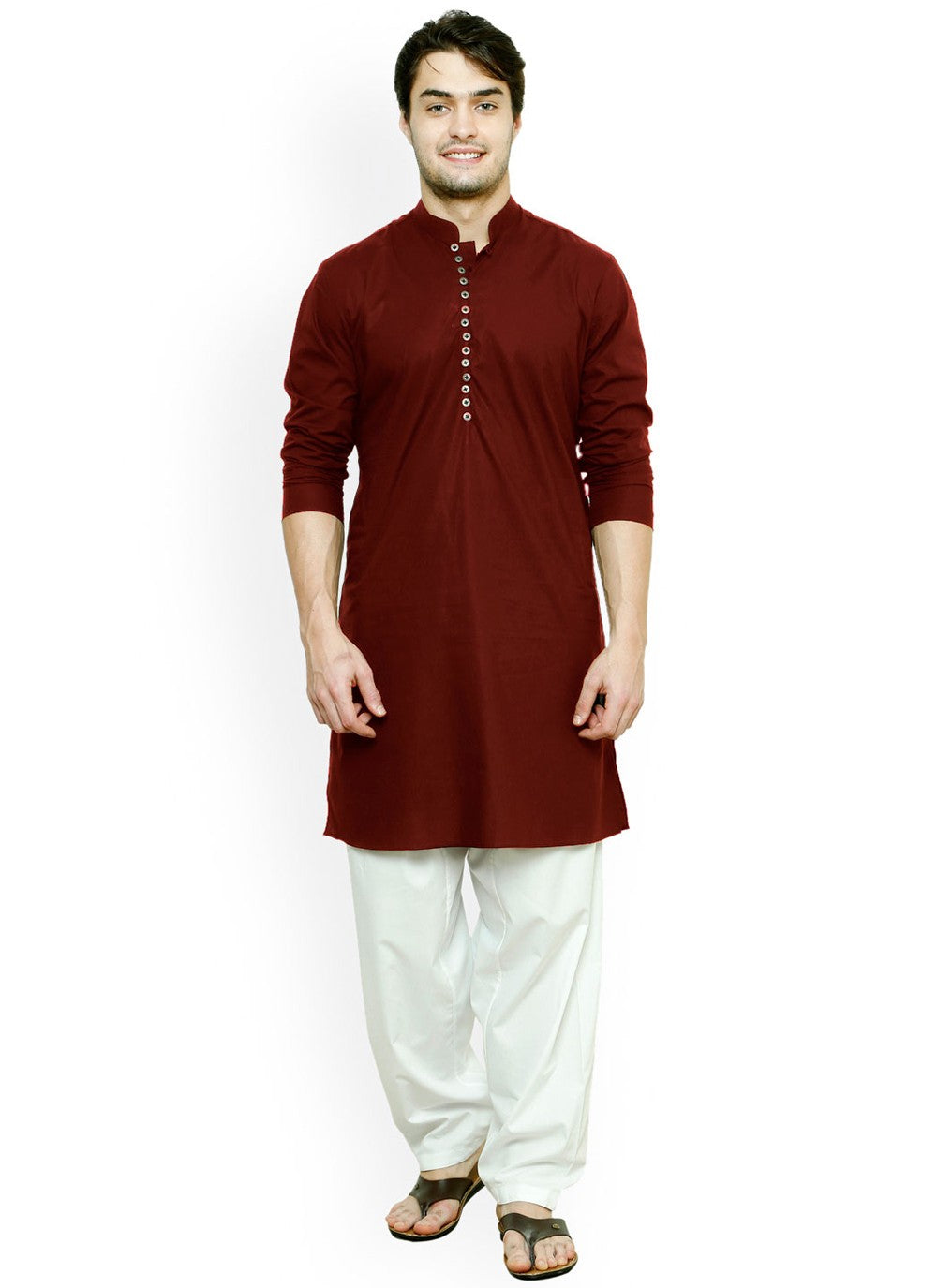 Buttons Blended Cotton Maroon Kurta Pyjama - M4506