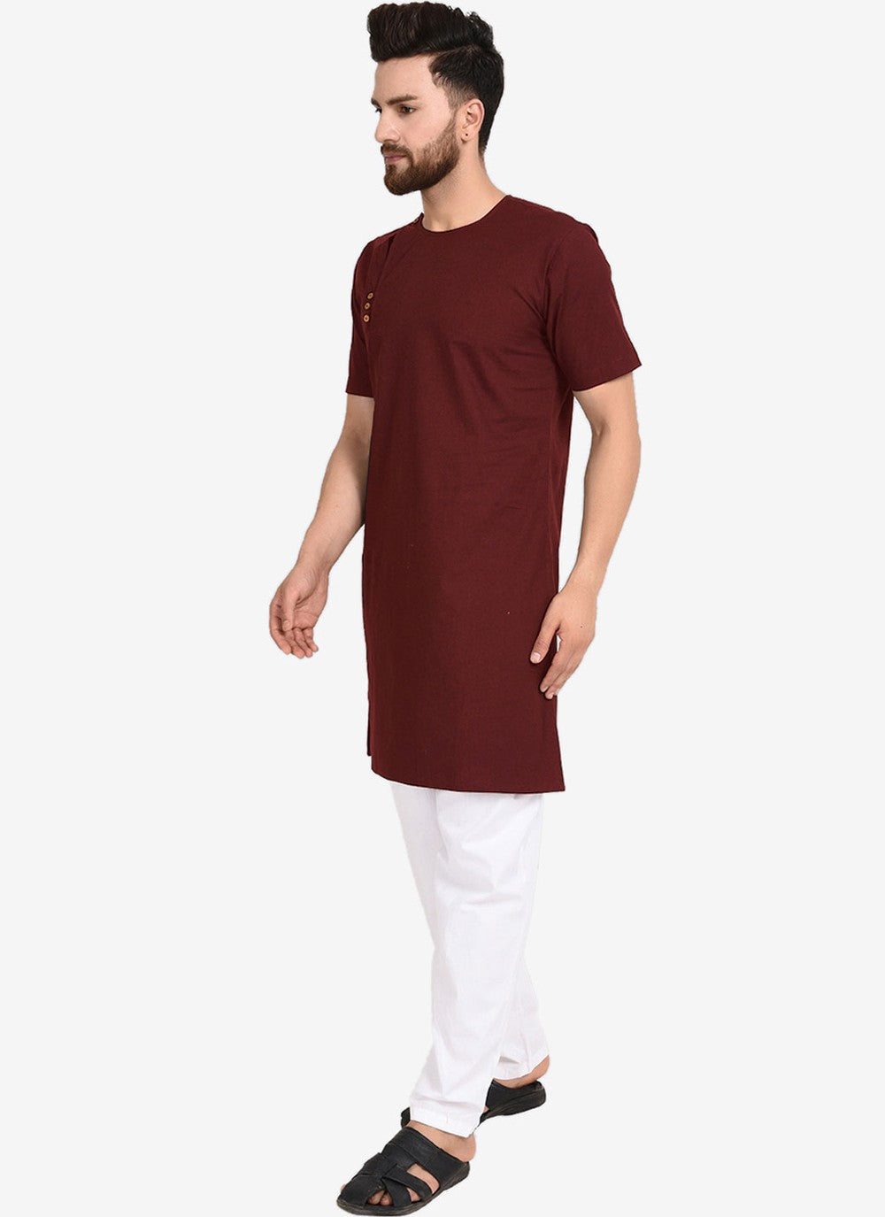 Plain Blended Cotton Maroon Kurta Pyjama - M4479