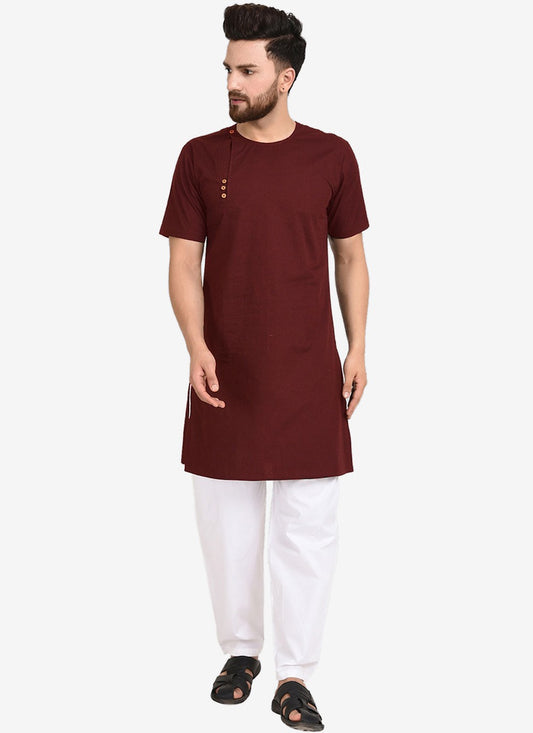 Plain Blended Cotton Maroon Kurta Pyjama - M4479