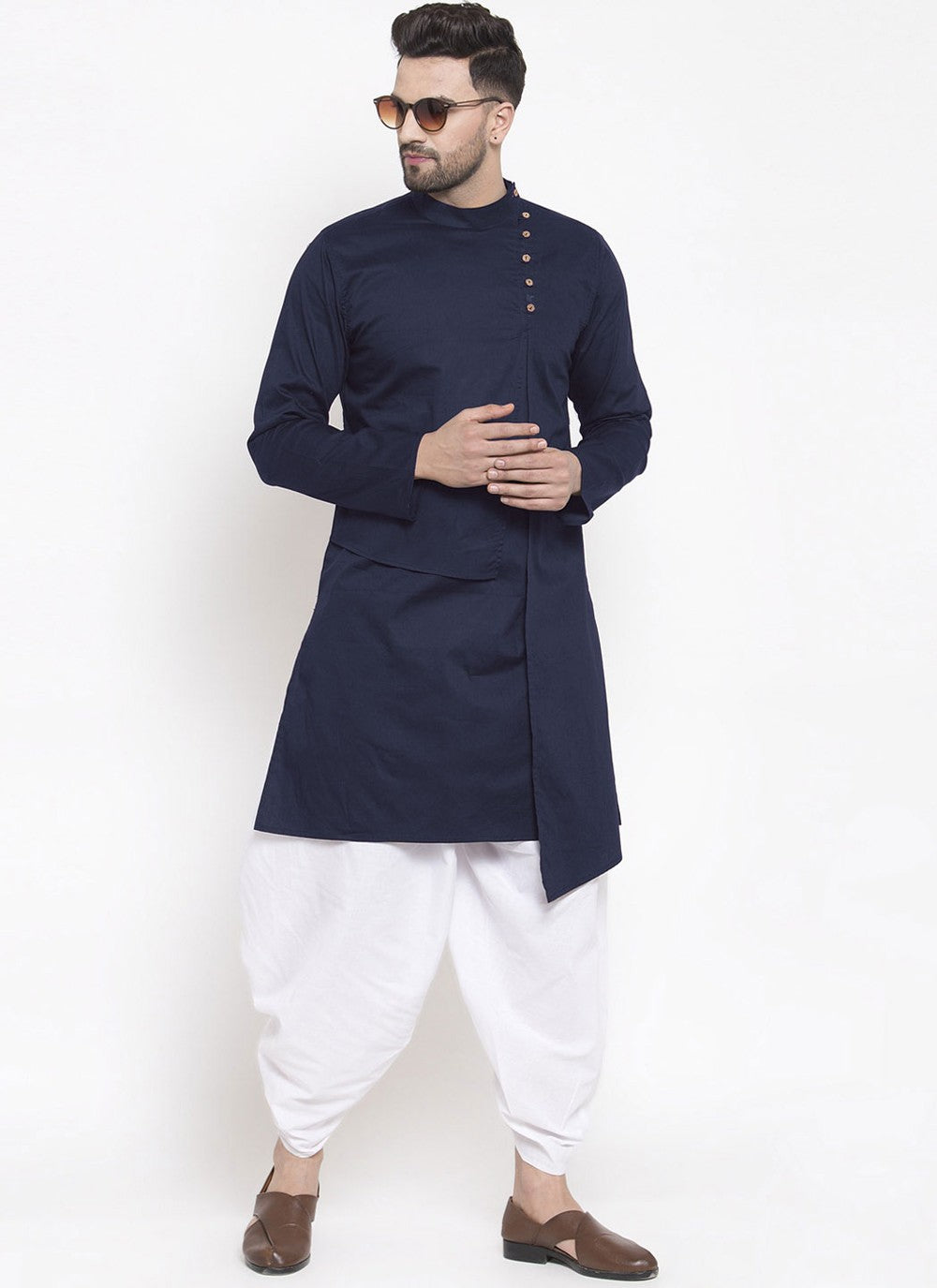 Buttons Blended Cotton Navy Blue Indo Western - M4525