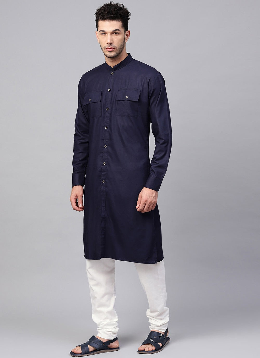 Plain Blended Cotton Navy Blue Kurta Pyjama - M1980