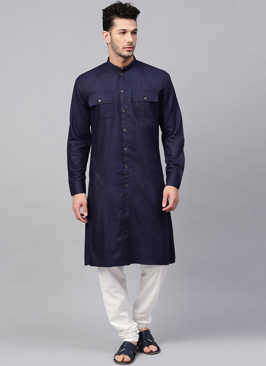 Plain Blended Cotton Navy Blue Kurta Pyjama - M1980