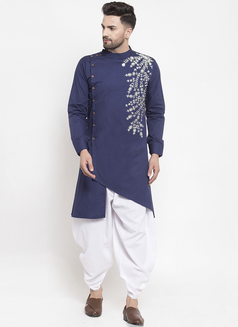 Embroidered Blended Cotton Navy Blue Kurta Pyjama - M6184