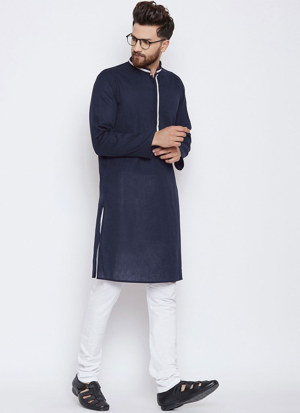 Plain Blended Cotton Navy Blue Kurta Pyjama - M4491