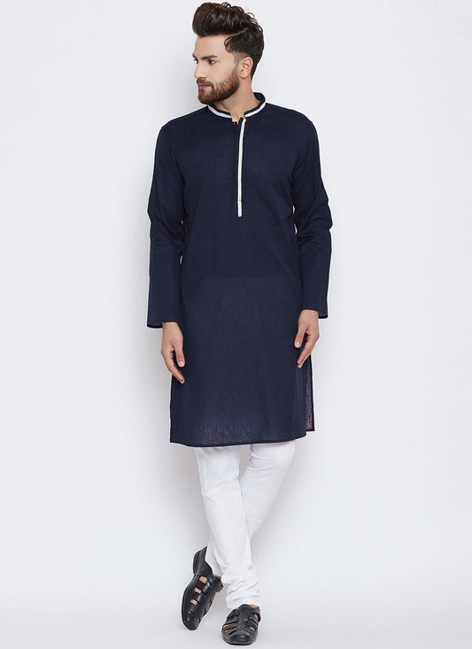 Plain Blended Cotton Navy Blue Kurta Pyjama - M4491