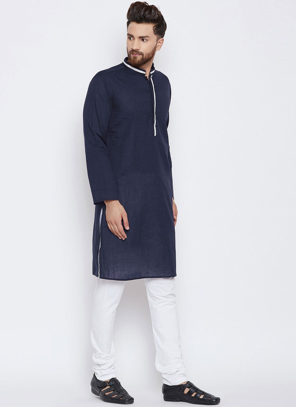 Plain Blended Cotton Navy Blue Kurta Pyjama - M4491