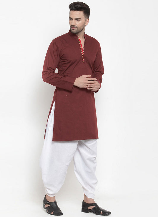 Plain Blended Cotton Maroon Dhoti Kurta - M4464