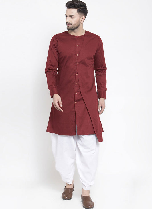 Plain Blended Cotton Maroon Dhoti Kurta - M4473