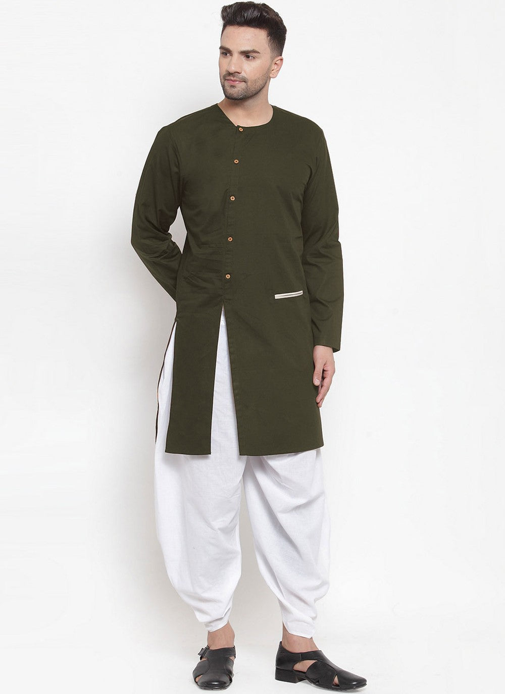 Plain Blended Cotton Green Indo Western - M4387