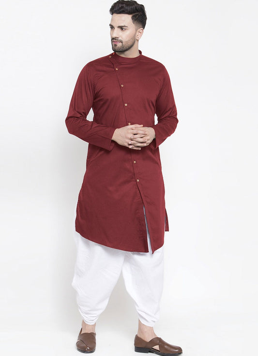 Plain Blended Cotton Maroon Dhoti Kurta - M4470