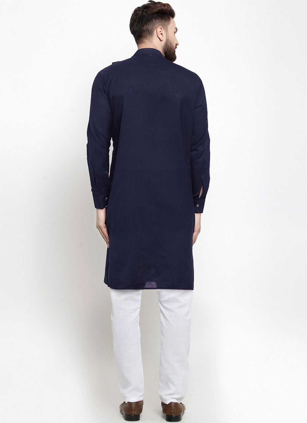 Plain Blended Cotton Navy Blue Kurta Pyjama - M4510