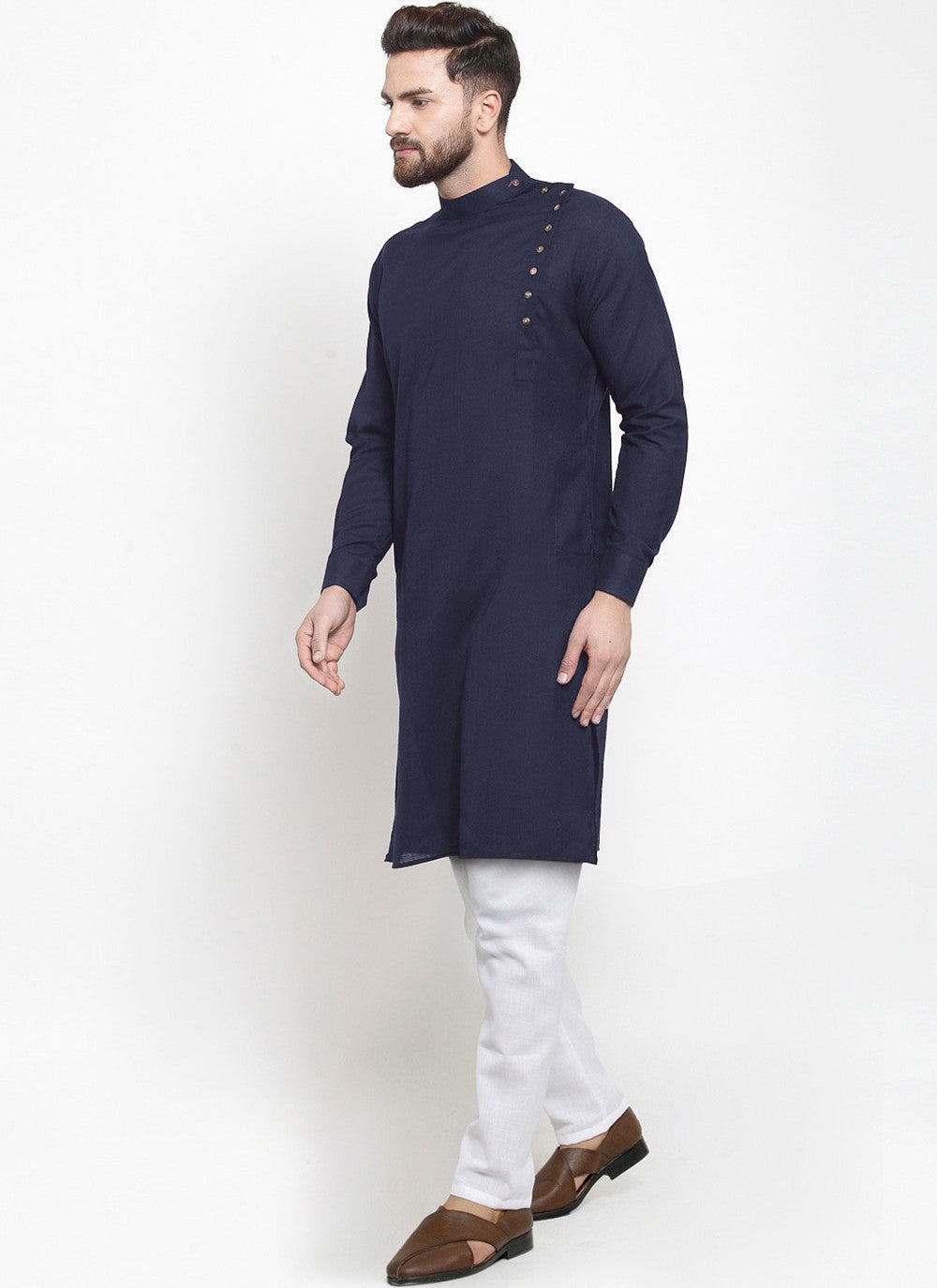 Plain Blended Cotton Navy Blue Kurta Pyjama - M4510